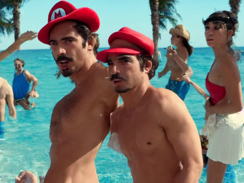 Image similar to Close up of mario in a hat in Harmony Korine Spring Breakers film aesthetic!!!