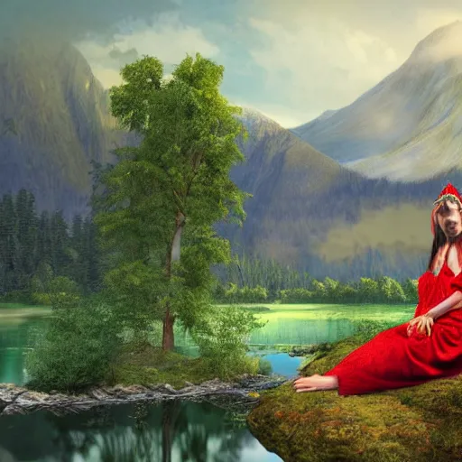 Image similar to Harpy, red feathered wings, wearing Inka clothes, sad expression, sitting at a pond, mountainous area, trees in the background, digital art