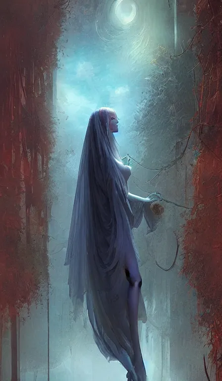 Prompt: goddess of night, dressed in a veil of mist, by marc simonetti