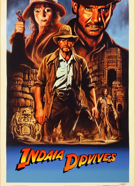 Image similar to creepy horror 1 9 8 6 poster for indiana jones. oil on canvas. print.