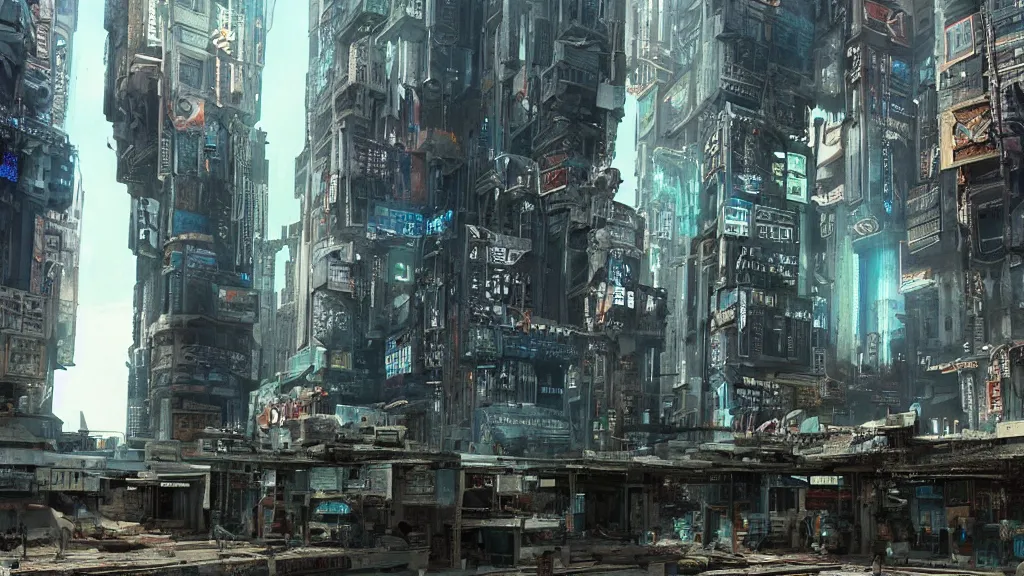 Image similar to an ancient cyberpunk building, film still, epic shot cinematography