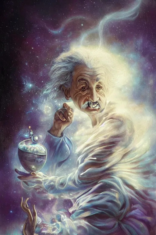 Image similar to breathtakingly beautiful painting of albert einstein as a genie, thinking about equations, moonlit sky, matte painting by brian froud, shaun tan, wlo and peter mohrbacher, highly detailed, intricate,, award winning artwork, trending on artstation, high quality printing, fine art with subtle redshift rendering