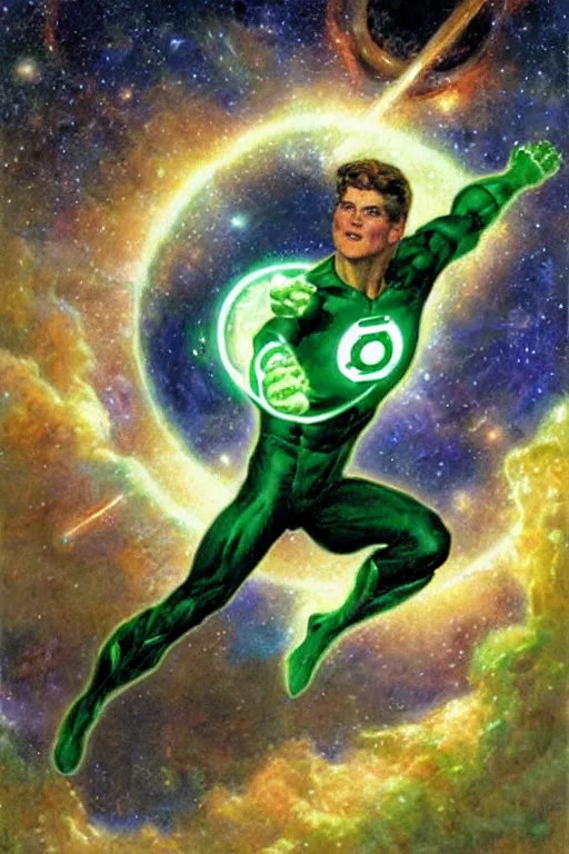 Image similar to green lantern flying through space. art by gaston bussiere.