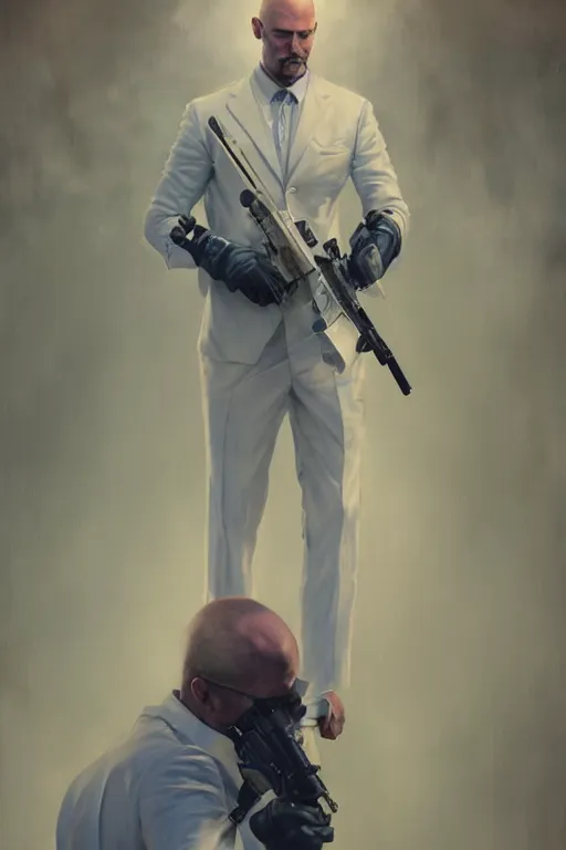 Prompt: Bald man, angry, bright blue eyes, white suit, holding a sniper rifle, full shot, elegant, highly detailed, centered, oil painting, artstation, concept art by tom bagshaw