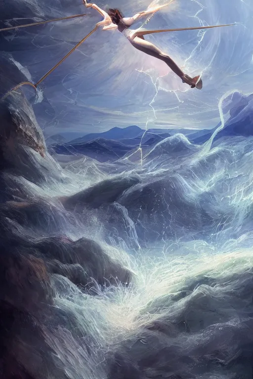 Prompt: eight sprouting wands sailing through the air at high speed.. the sky is clear and the beautiful river is flowing freely, beautiful landscape, 8 wands flying through the air, beautiful artwork by steve skroce and william blake, featured on artstation, cgsociety, behance, dramatic lighting, detailed