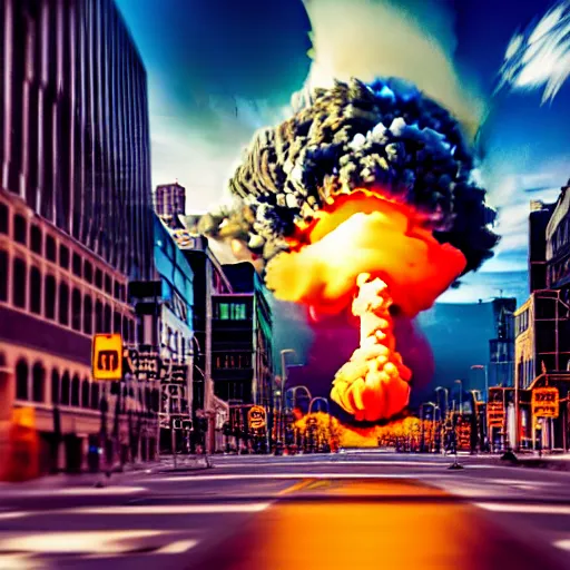 Image similar to centered action photography shot of extremely detailed hyper realistic nuclear bomb explosion in a city, professional film photography, 8 k, cinematic framing,