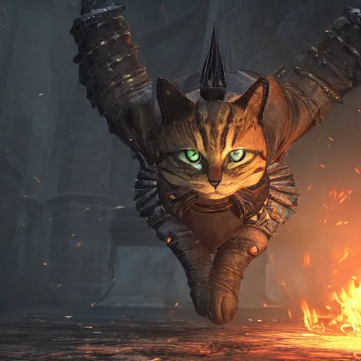 Image similar to cat as dark souls 4 final boss, artstation hq, dark phantasy, stylized, symmetry, modeled lighting, detailed, expressive, created by hidetaka miyazaki, dark souls 4 screenshot