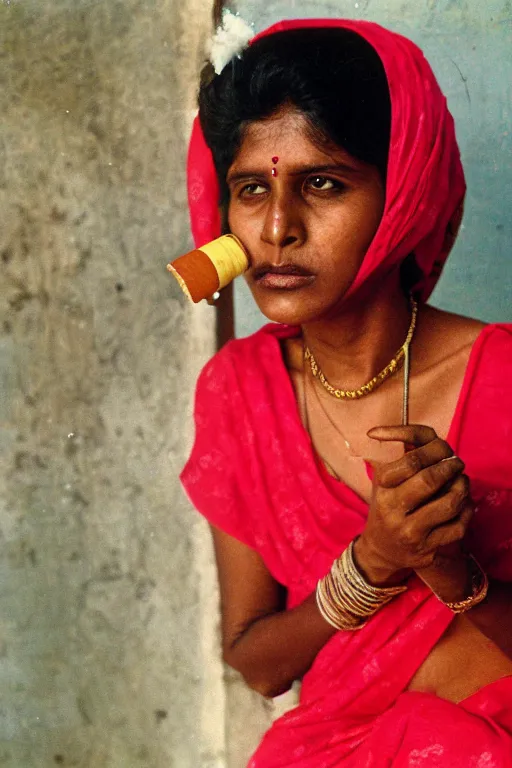 Prompt: portrait of a sri lankan woman smoking cigarette, 8 0's style, high - fidelity