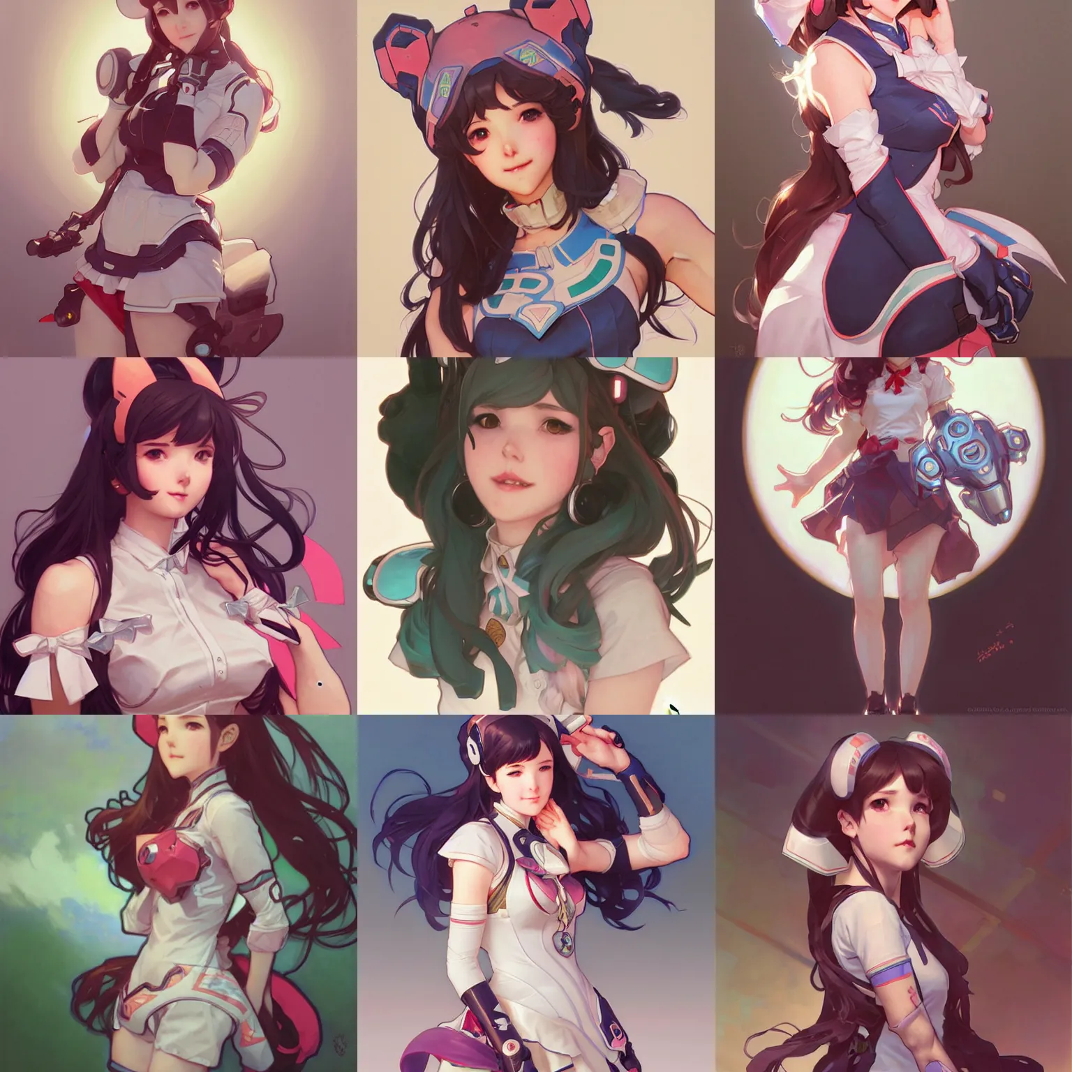 Prompt: an adorable d. va by krenz cushart, artgerm, alphonse mucha, akihiko yoshida