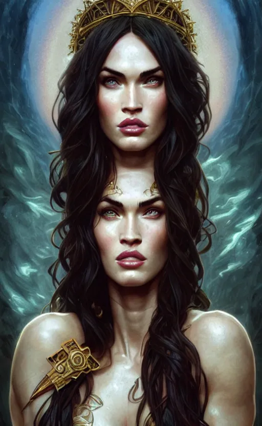 Image similar to portrait of megan fox as the goddess circe, greek mythology, intricate, headshot, highly detailed, digital painting, artstation, concept art, sharp focus, cinematic lighting, illustration, art by artgerm and greg rutkowski, alphonse mucha, cgsociety