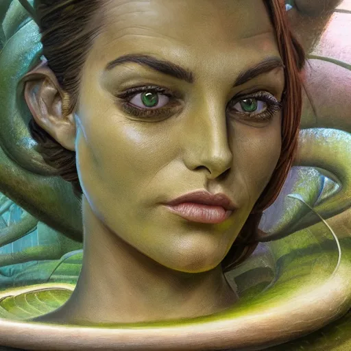 Image similar to detailed face of a woman with green eyes in a biomorphic courtyard with dna sculptures at a science expo, atmospheric, ambient, pj crook, syd mead, livia prima, artgerm, greg rutkowski, nick alm, casey baugh