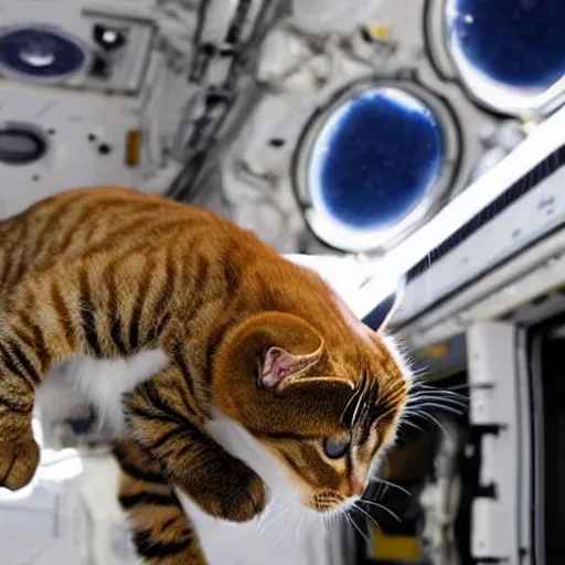 Image similar to Photo of a cat floating inside the ISS, realistic award-winning