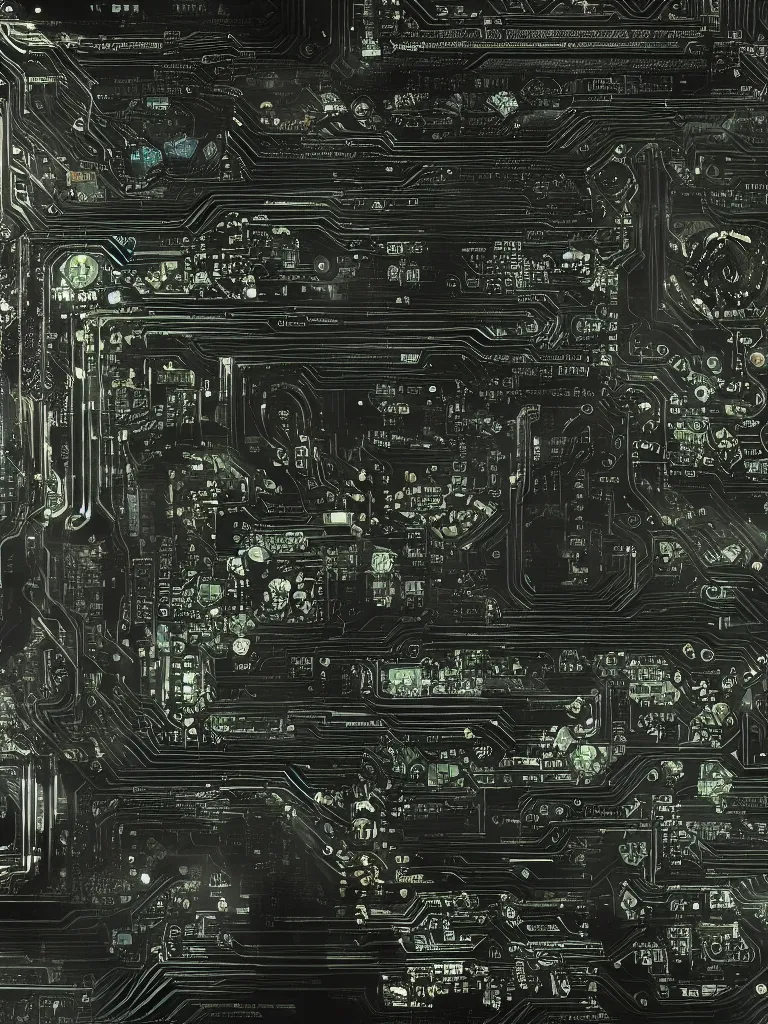 Image similar to big technology, intricate circuit board, cpu, bios chip, led, lcd display, integrated circuits, cmos, capacitors, intricate concept art matte painting, cyberspace, nature grotesque dark