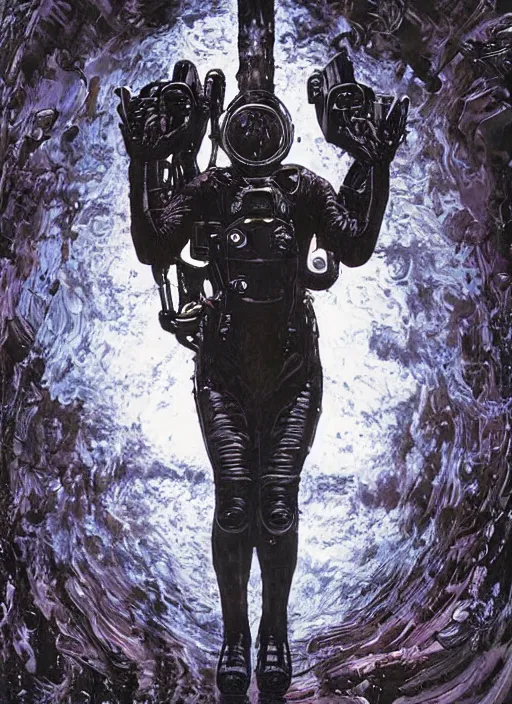 Image similar to astronauts in dark void underwater - complex and hyperdetailed technical suit. reflection and dispersion materials. rays and dispersion of light. volumetric light. f / 3 2. noise film photo. flash photography. ultra realistic, wide angle. poster by wayne barlowe, hajime sorayama aaron horkey, craig mullins