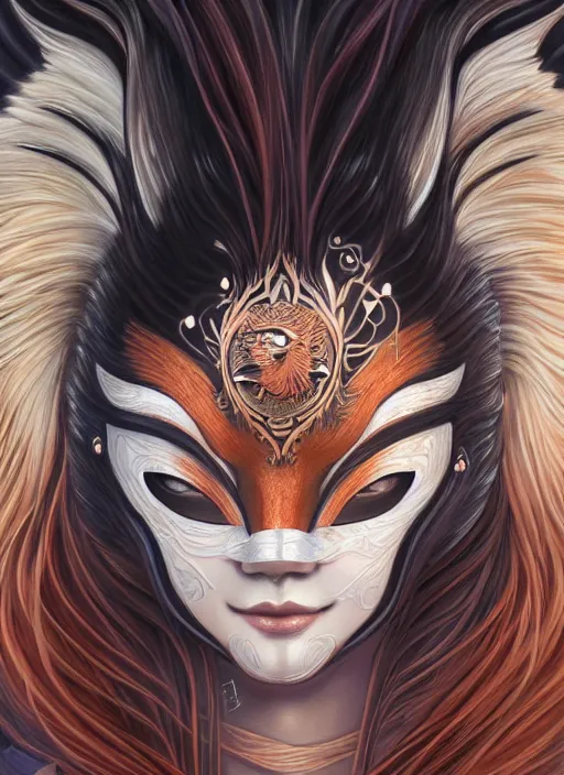 Image similar to a beautiful detailed oil on copper art illustration of a japanese kitsune mask woman, centered, by charlie bowater, zeng fanzh, trending on artstation, dim dusk lighting, cinematic lighting, detailed lighting, volumetric lighting, realistic, f 8, 4 k hd wallpaper