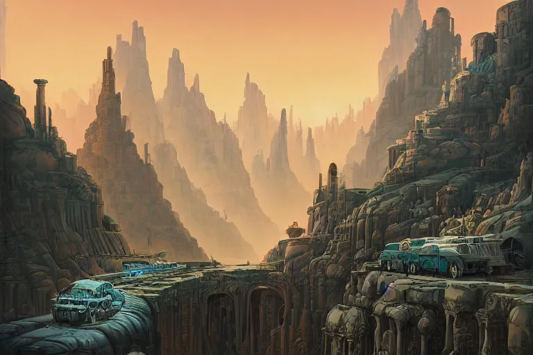 Image similar to a mystical matte painting of an archaic city of ancient persia looming above a canyon by syd mead and peter mohrbacher and james gilleard in the style of hugh ferriss