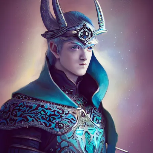 Prompt: half length portrait of a handsome male snow elf in a turquoise cape and silver ornate armour as an archer, albino skin, pointy ears, symmetrical face, ethereal opalescent mist, perfect face, elegant, very coherent symmetrical artwork, atmospheric lighting, rule of thirds, by wenjun lin, krenz cushart, charlie bowater, trending on artstation