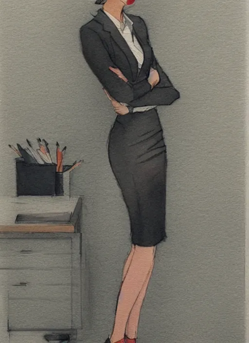 Image similar to concept art of a modern office life, young attractive business woman, pencil miniskirt, pinterest, artstation trending, behance, watercolor, by coby whitmore, silver, laser light,