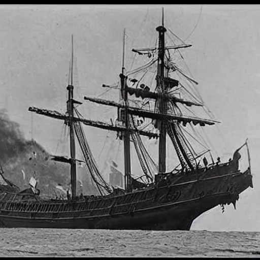 Prompt: an impossibly huge pirate ship that's also a skull. 1910s photograph