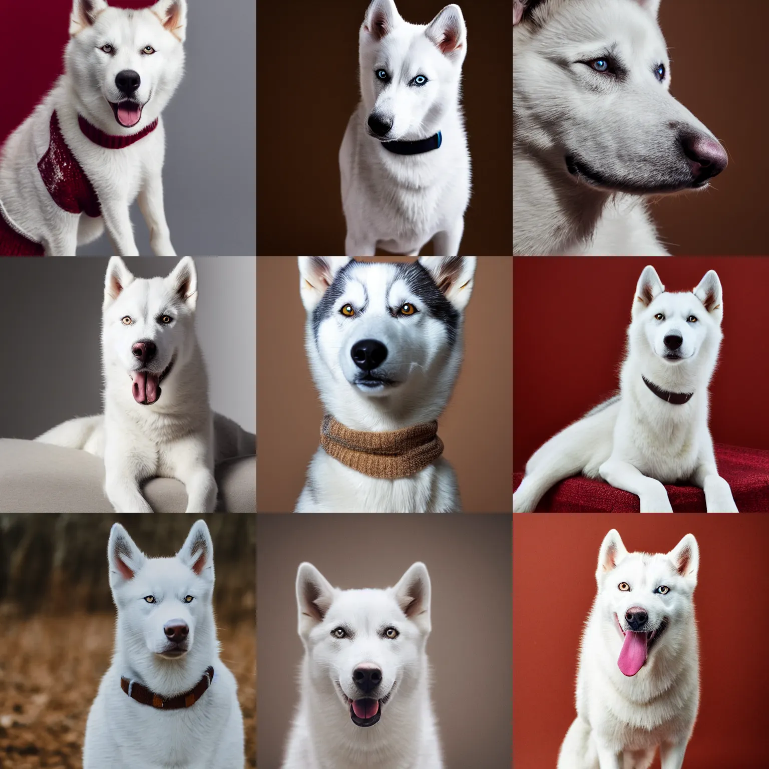 Prompt: a white husky wearing a sweater, studio portrait, 8k