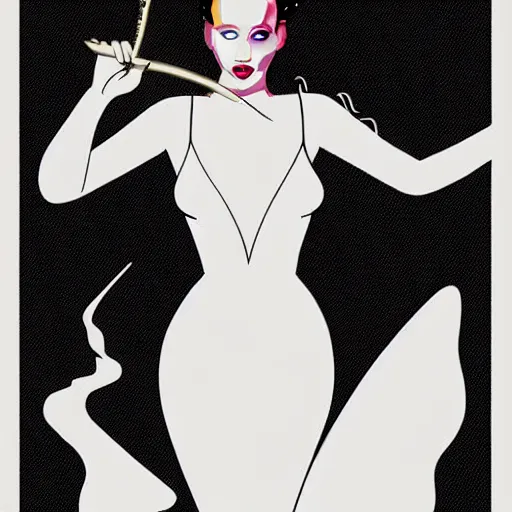 Image similar to supermodel jennifer lawrence as the bride of frankenstein, patrick nagel art style, relistic, fashion pohotography