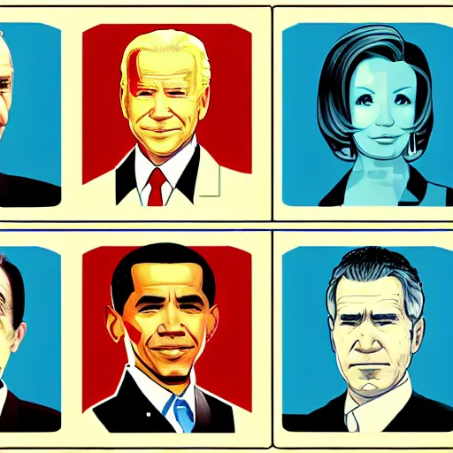 Image similar to gta chinatown wars art style as joe biden, george w bush, nancy pelosi, hot asian babes, obama, on next gta poster, hyperrealistic, rgba colors, remove duplicate content, justify contents center.