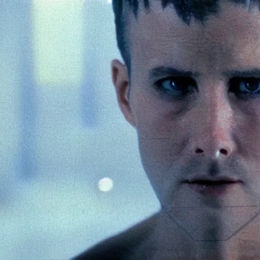 Prompt: close up portrait of a runaway replicant in an empty room, still from the movie bladerunner