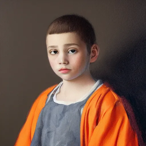 Image similar to a beautiful portrait of a young prince posing in an orange studio, realistic 4k UHD oil painting in the style of james gurney, greg rutkowski, and johannes vermeer