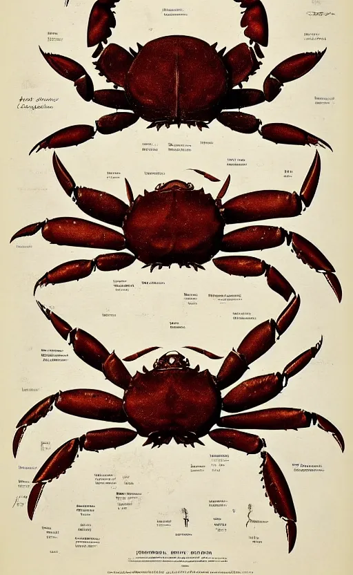 Image similar to a page of crab anatomy atlas, 1 9 0 0 s, highly detailed