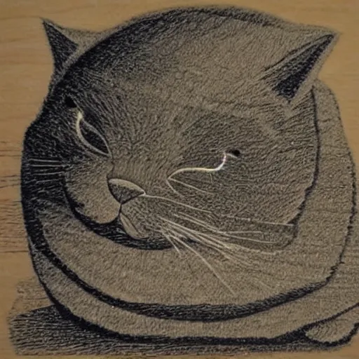 Prompt: woodblock etch of the most chubby cute cat ever, this cute chunky monster has rolls, Epic Cat