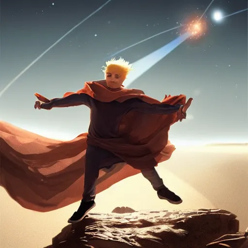 Prompt: blonde boy wearing a brown cape and flying in t pose, space background, energy beam, brush strokes, greg rutkowski