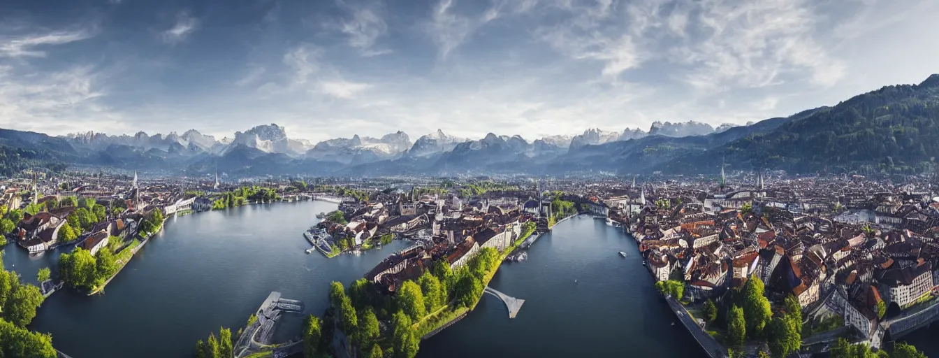 Image similar to Photo of Zurich, looking down the river at the lake and the alps, Hardturm, Grossmünster, wide angle, volumetric light, hyperdetailed, mountain water, artstation, cgsociety, 8k