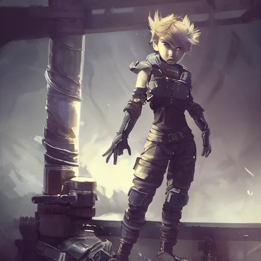 Image similar to Full body portrait of a scrappy female gnome mechanic with pixie undercut hair and one prosthetic metal gauntlet arm standing on a ship deck. In style of Greg Rutkowski and Yoji Shinkawa and Hyung-tae Kim, trending on ArtStation, dark fantasy, great composition, concept art, highly detailed