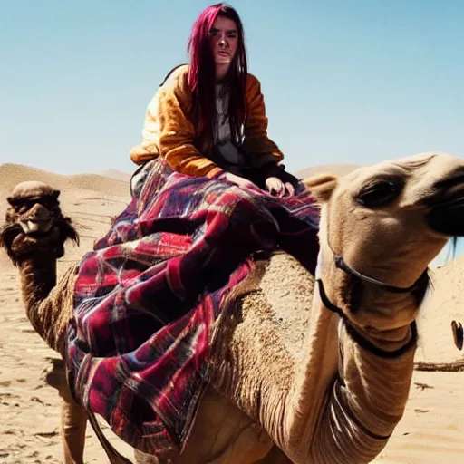 Image similar to close up shot of billie eilish riding a camel