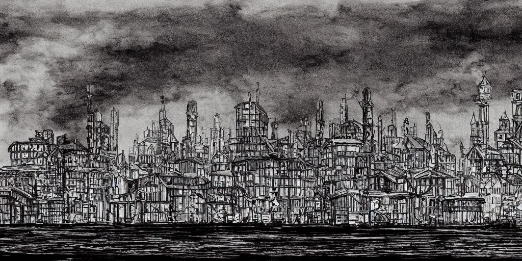 Image similar to pen and ink illustration, city held up on giant platform, buildings on top of tall structure, over the ocean, tall arches, fading off to the horizon, steam punk, artstation