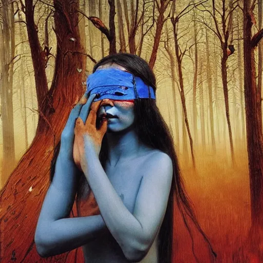 Image similar to A young blindfolded shaman woman with a decorated headband from which blood flows, blue hair and wood on her head. The background is a forest on fire, made by Esao Andrews and Karol Bak and Zdzislaw Beksinski