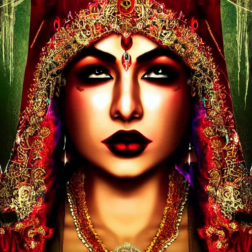 Image similar to beautiful Hindu queen of the dark with veil, in darkness, cover with blood, horror terrifying, soft light, surreal realistic, photorealistic, hyper details, full HD, 8k!