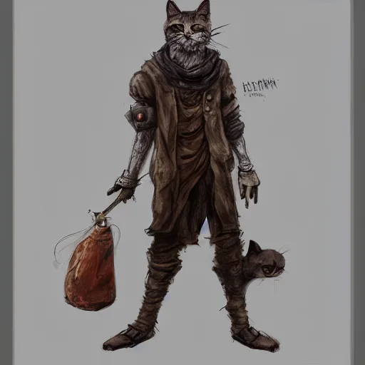 Image similar to dirty homeless humanoid cat wearing rags, concept art, d & d, fantasy, trending on artstation