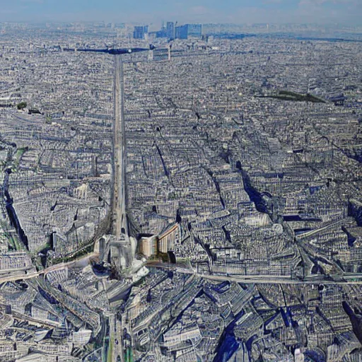 Prompt: Paris in 2050, photograph, bird eyes view