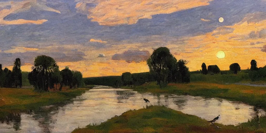 Image similar to a river in spring, birds are in the sky, puffy clouds, settle sunset, in style of Isaac Levitan,