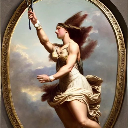 Image similar to Serena Williams flying with a racket as Nike Goddess portrait, wings, luxuriant, dreamy, eternity, romantic, strong pose, highly detailed,in the style of Franz Xaver Winterhalter, highly detailed,in the style of Aetherpunk