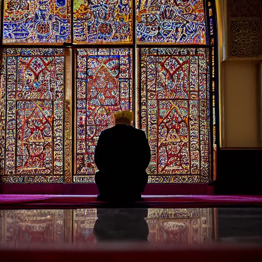 Image similar to Trump praying in mosque, award winning cinematic photography, 50 mm, blurred background, perfect faces