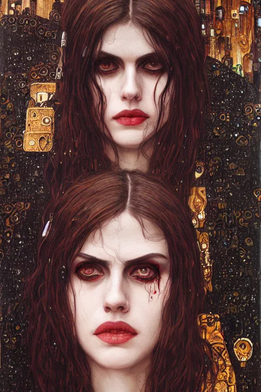 Image similar to portrait of beautiful gothic Alexandra Daddario, cyberpunk, Warhammer, highly detailed, artstation, illustration, art by Gustav Klimt