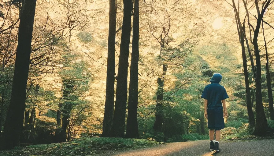 Image similar to 1 9 9 0 s candid 3 5 mm photo of a beautiful forest in tokyo, cinematic lighting, cinematic look, golden hour, the clouds are epic and colorful with cinematic rays of light, a boy walks down the center of the forest with a beanie on, photographed by petra collins, uhd