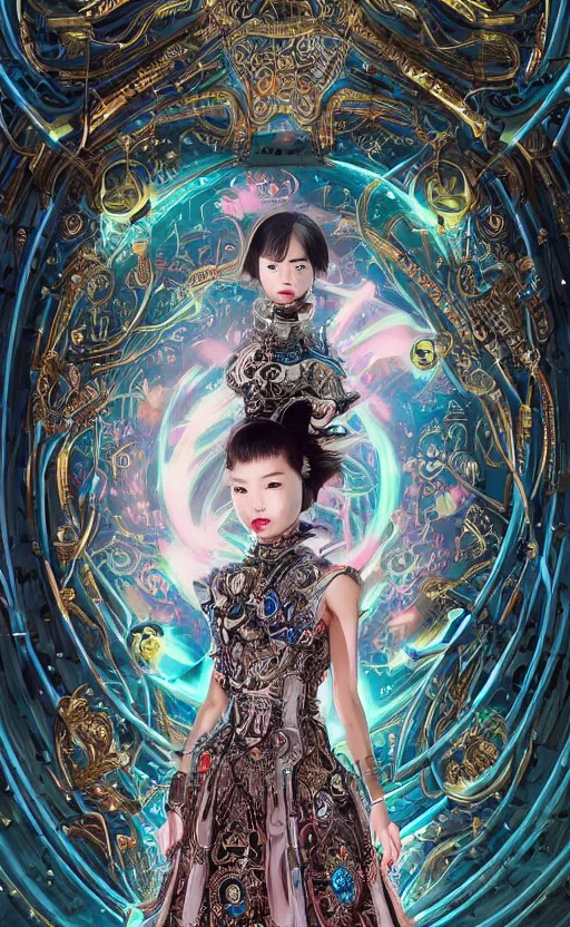 Image similar to beautiful mural of the young cyborg korean girl, piercing glowing eyes, elegant, futuristic royal gown, royal, regal, cyber monarchy, detailed ornaments, striking composition, highly detailed ornate sci fi background, vogue poses, striking composition, highly detailed ornate sci fi background, vivid details, amalgamation of nature and technology, wires, glowing tubes, beautiful composition, mural in the style of sandro botticelli, caravaggio, albrecth durer, 8k