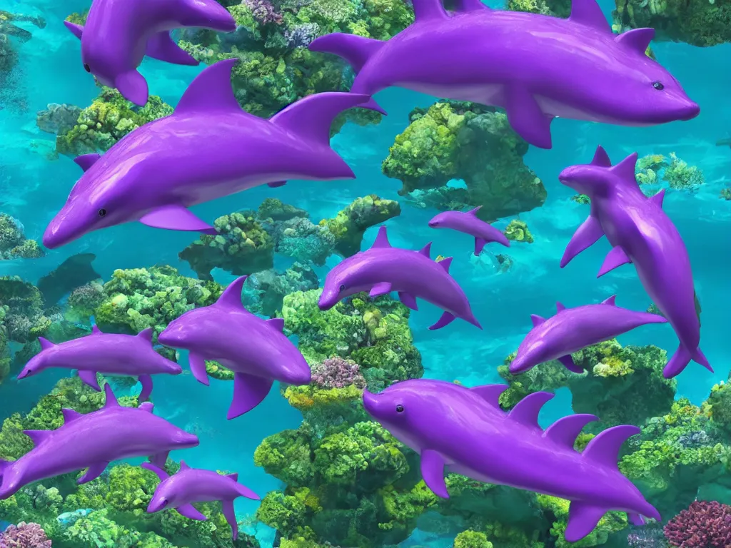 Prompt: a family of purple dolphins in a colorful coral reef, photorealistic, insane engine, high definition, 3d render, trending on artstation,