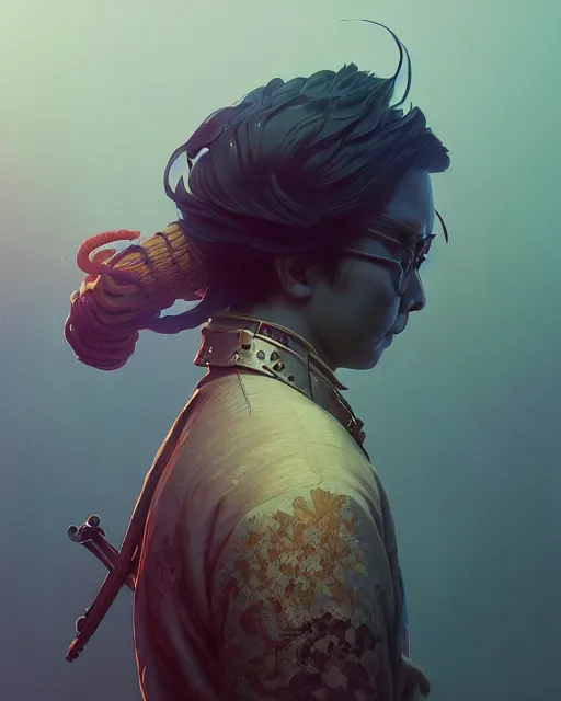 Image similar to highly detailed surreal vfx portrait of a nowpunk samurai, stephen bliss, unreal engine, greg rutkowski, loish, rhads, beeple, makoto shinkai and lois van baarle, ilya kuvshinov, rossdraws, tom bagshaw, alphonse mucha, global illumination, detailed and intricate environment