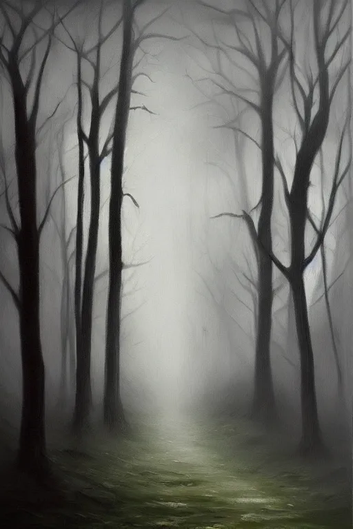 Prompt: dark and spooky woods. atmospheric, foggy, oil painting on canvas. fairytale