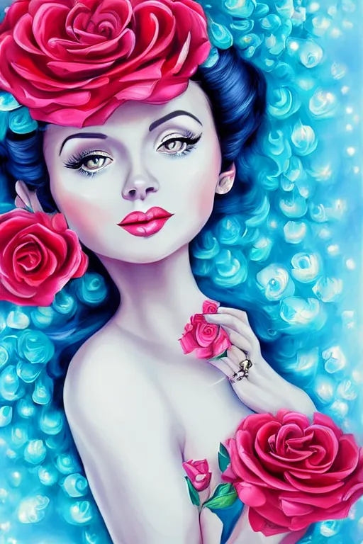 Prompt: beautiful digital painting of I Love Lucy and blue roses and rubies, by Georgia O\'Keeffe, Carmelo Blandino, Cyril Rolando, artstation, Behance, 4K,