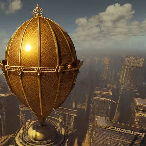 Prompt: enormous flying city in a faberge egg, sky!, steampunk, masterpiece, unreal engine